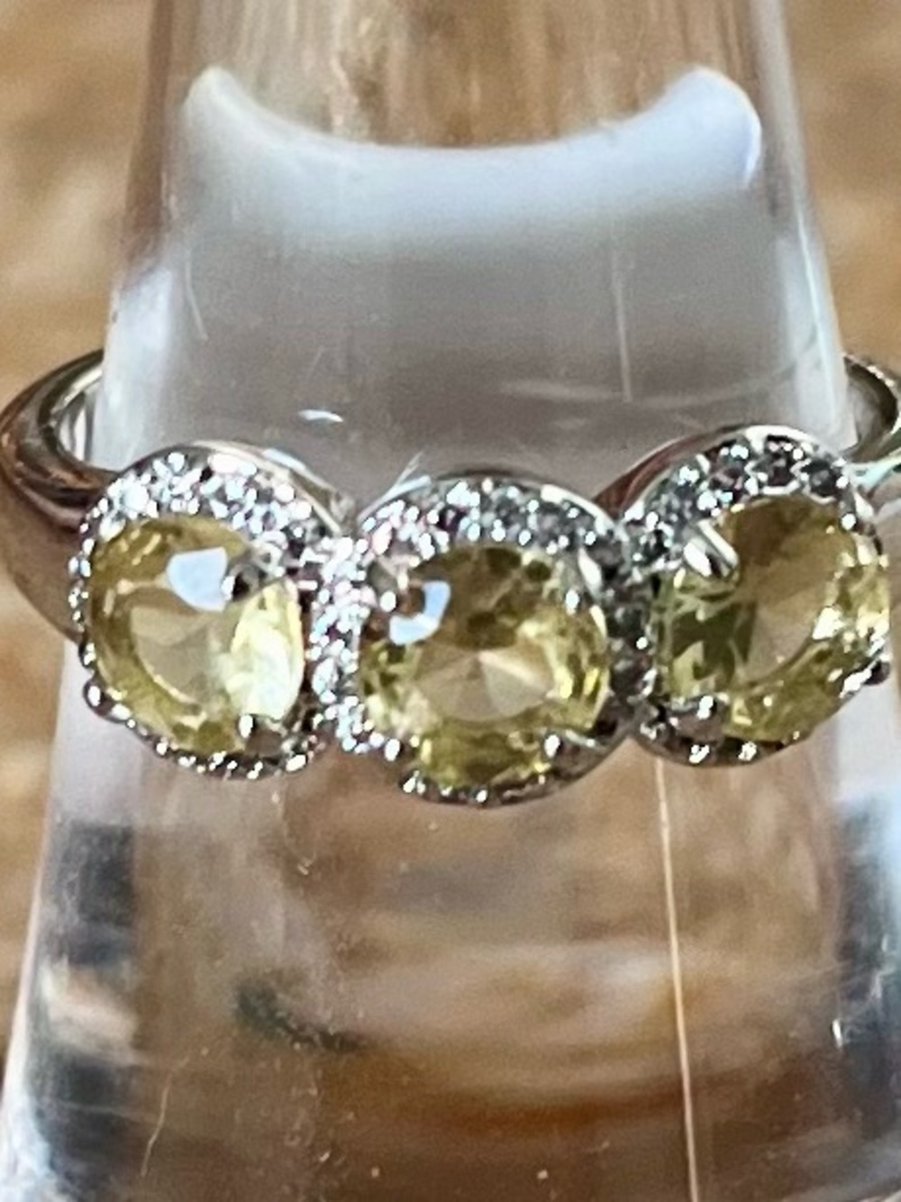 BP RETRO Three-Stone Yellow Gem Halo Ring in Rhodium